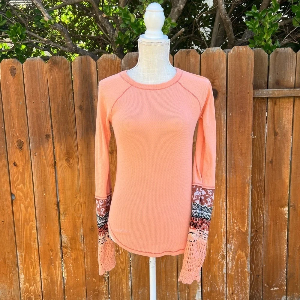 Free People BohoThermal Cuff Tee Rio Orange Long Sleeve Women Size Medium